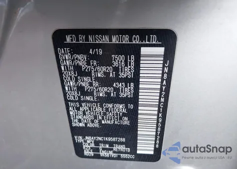 2019 Nissan Armada Sl z USA, uszkodzony, nr VIN JN8AY2NC1K9587288
